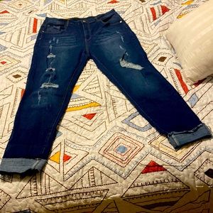 SHEIN Cruve 1XL Ripped Dark Jeans High Wasted Stretch Cuffed.